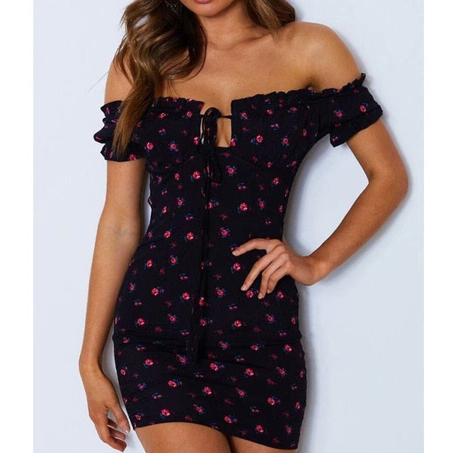 Women Floral Wrap Dress Off Shoulder ...